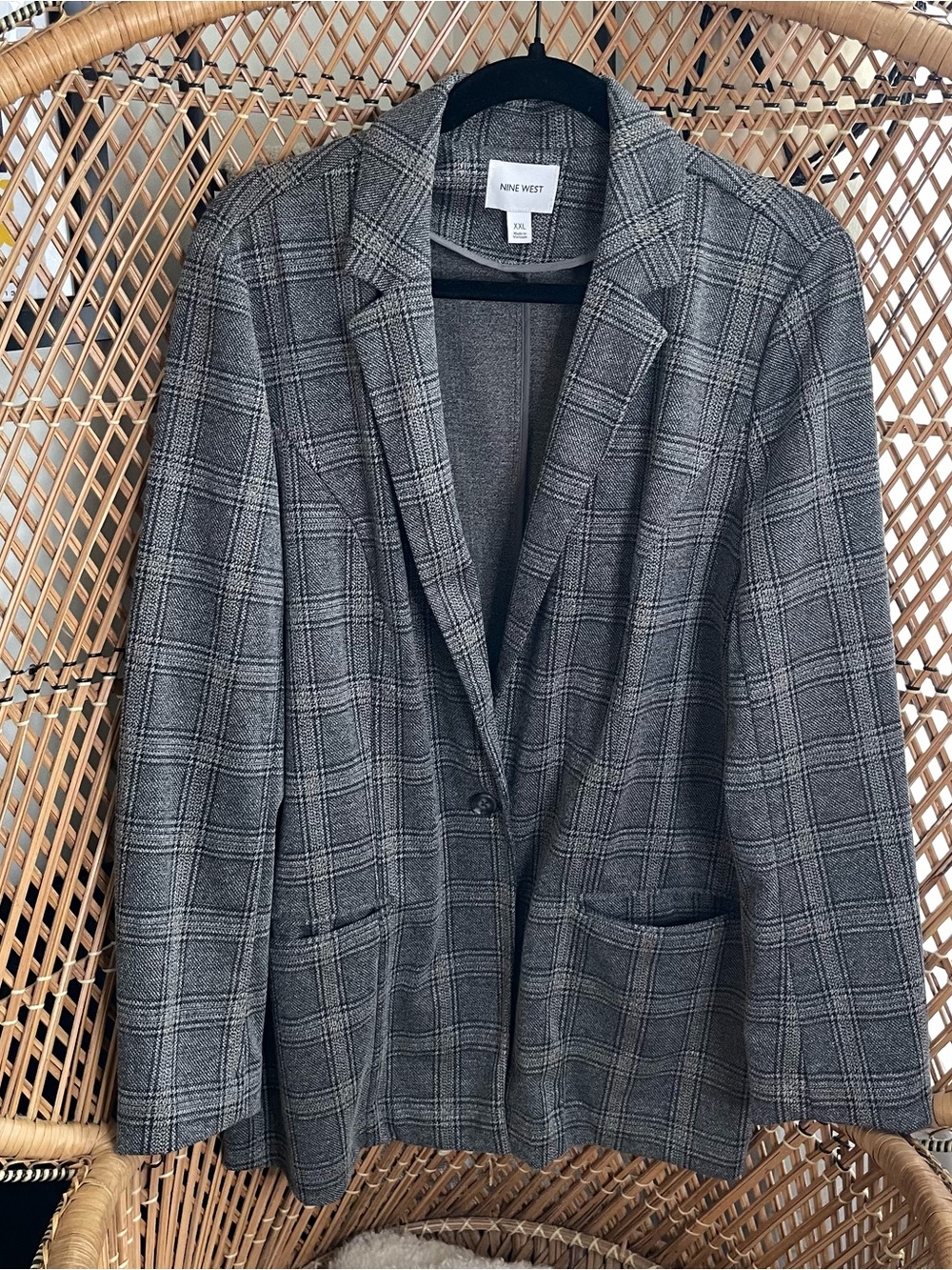 Nine West Black and Gray Plaid Single-Button Blazer